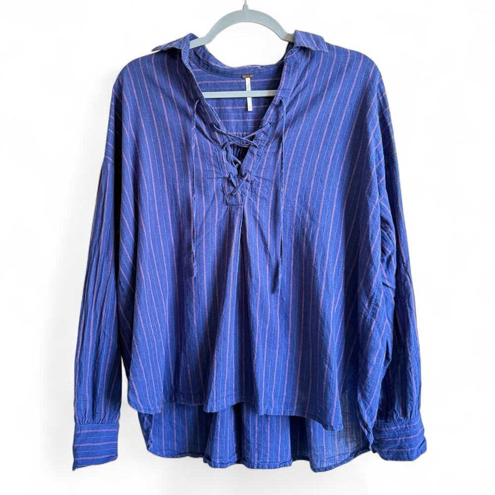 Free People Under the Boardwalk Boho Blue Striped Lace Lace up blouse size S